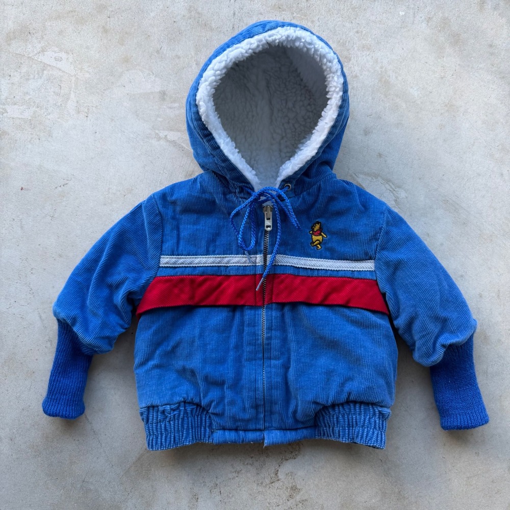 Vintage Winnie the Pooh Blue Corduroy Sherpa Hooded Jacket USA Made Kids S